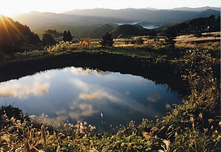 池のある山村風景